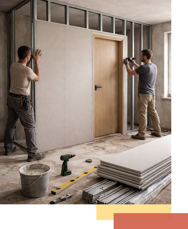 Перегородка из гипсокартона с дверью под ключ в Сибае