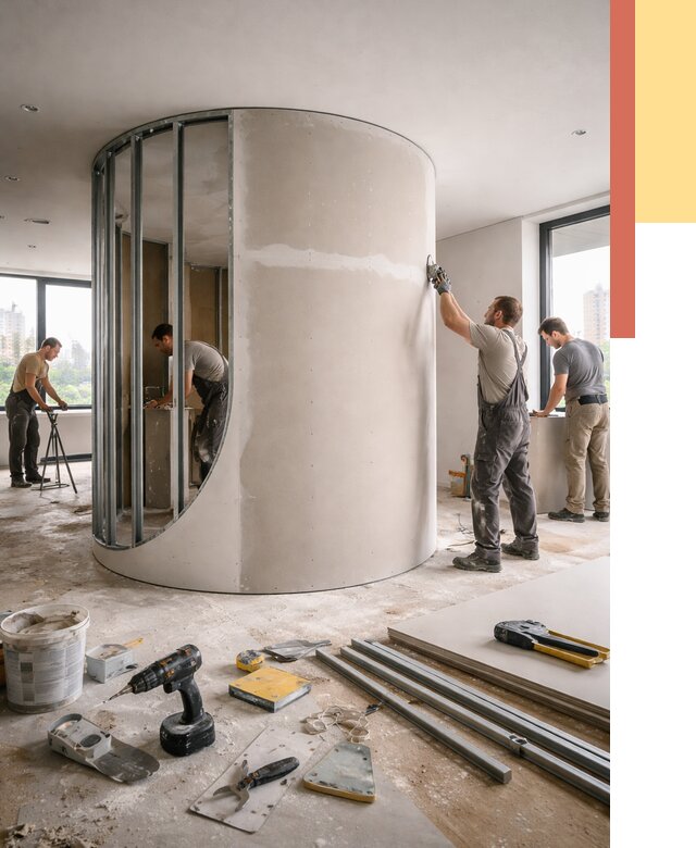 Радиусная перегородка из гипсокартона в Сибае от 2980 руб. под ключ | ОТДЕЛОЧНИК-Сба