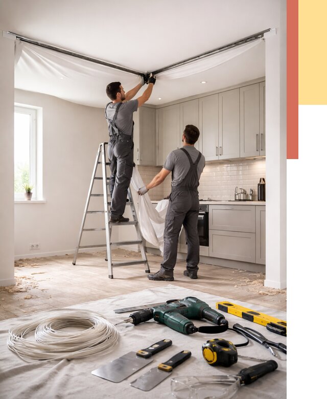 Установка натяжного потолка на кухне в Сибае от 2466 руб. | ОТДЕЛОЧНИК-Сба